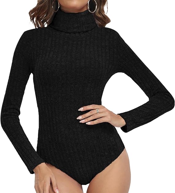 MLDRA Women's Long Sleeve Turtle Neck Knit Sweaters Bodysuit - Slim Fit Stretchy Leotard Top Bodycon Jumpsuit Romper Shirt