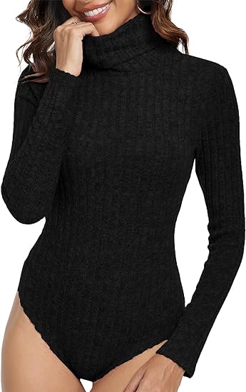 MLDRA Women's Long Sleeve Turtle Neck Knit Sweaters Bodysuit - Slim Fit Stretchy Leotard Top Bodycon Jumpsuit Romper Shirt