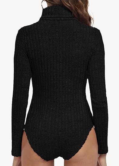 MLDRA Women's Long Sleeve Turtle Neck Knit Sweaters Bodysuit - Slim Fit Stretchy Leotard Top Bodycon Jumpsuit Romper Shirt