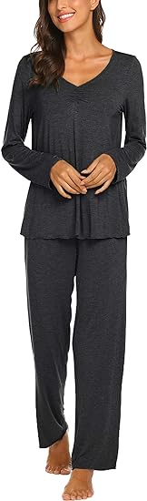 MLDRA Pajamas For Women Set Cotton Soft - Long Sleeve Deep V Neck Top & Loose Fit Sleep Pants - Comfy Casual Loungewear PJs