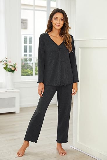 MLDRA Pajamas For Women Set Cotton Soft - Long Sleeve Deep V Neck Top & Loose Fit Sleep Pants - Comfy Casual Loungewear PJs