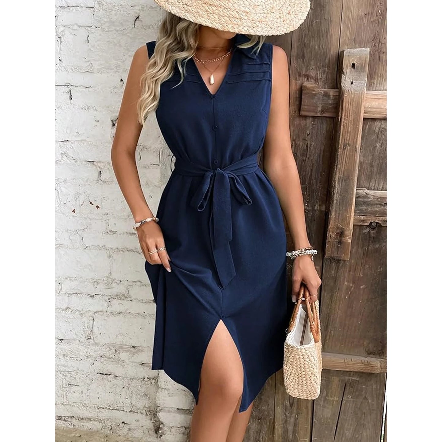 MLDRA Women's Dresses Midi Sundress Belted Shirt Sleeveless V-Neck Flowy Beach Skirt 2025 Spring Summer Casual Navy