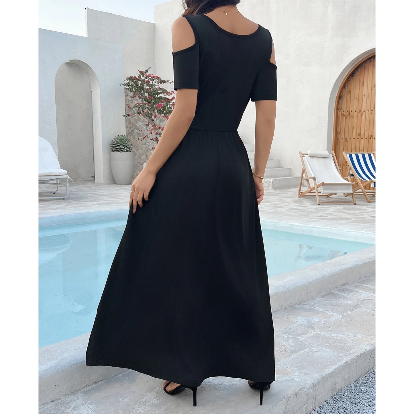 MLDRA Dresses for Women Long Maxi Skirt Sundress Spring Summer Beach Cold Shoulder with Pockets 2025 Black