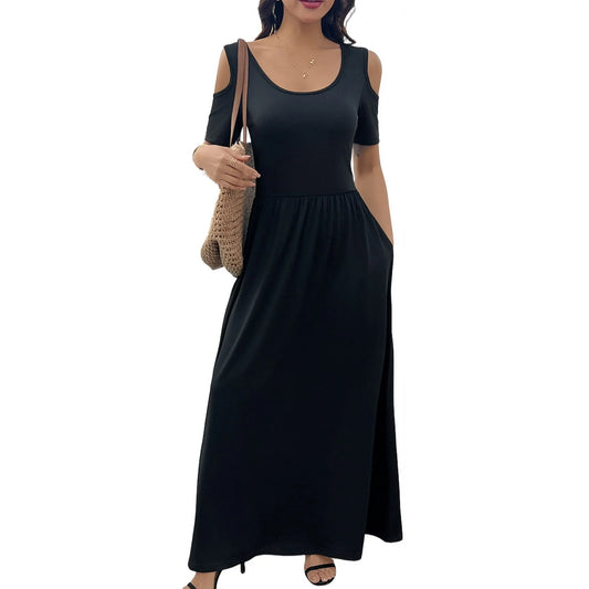 MLDRA Dresses for Women Long Maxi Skirt Sundress Spring Summer Beach Cold Shoulder with Pockets 2025 Black