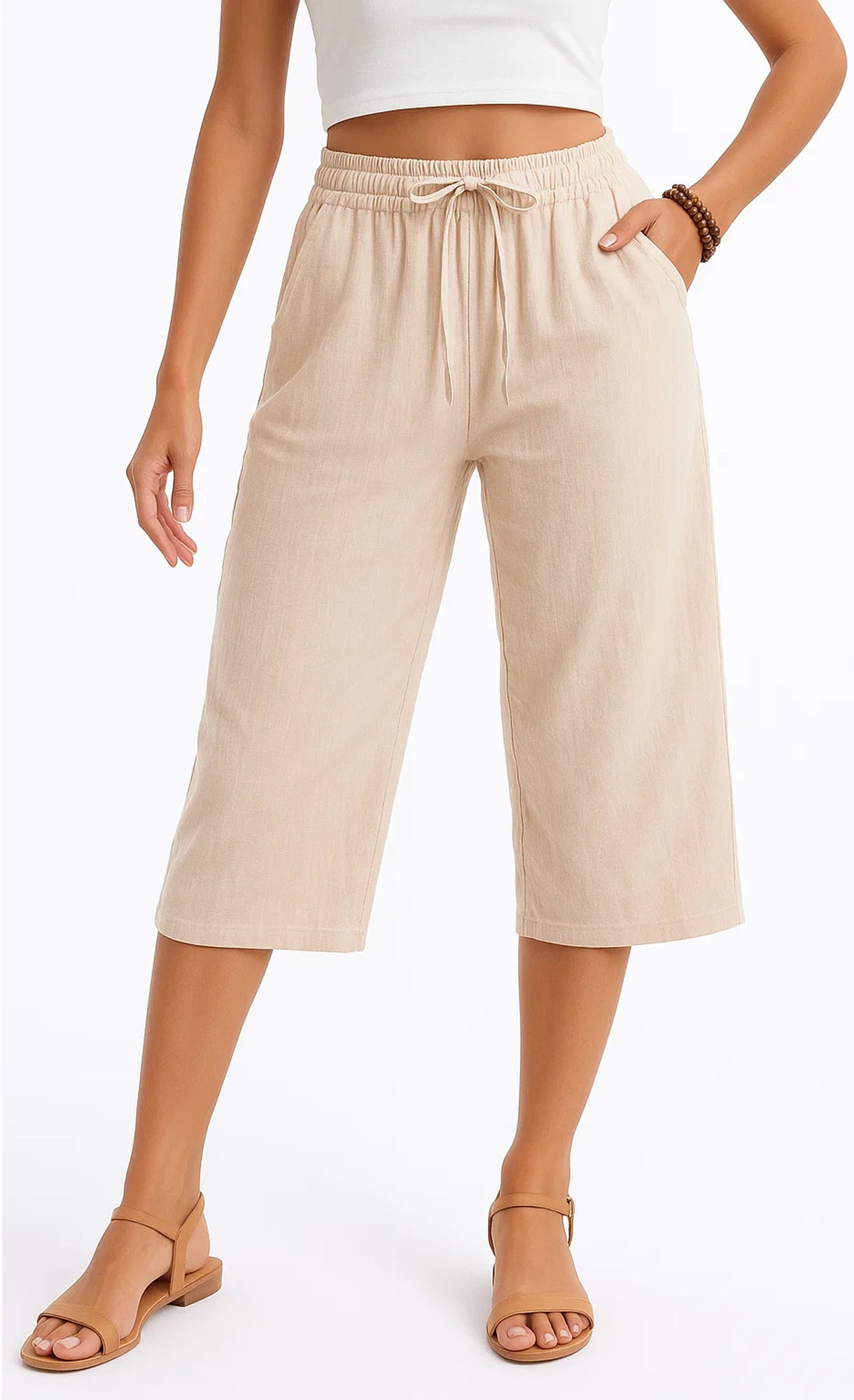 MLDRA Womens Capri Pants Loose High Waisted Wide Leg Lounge Pants Drawstring Casual Palazzo Trousers with Pockets