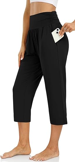 Women's Capri Pants Casual Loose Yoga Pants Comfy Workout Elastic Waist Pant with Pockets Summer Black