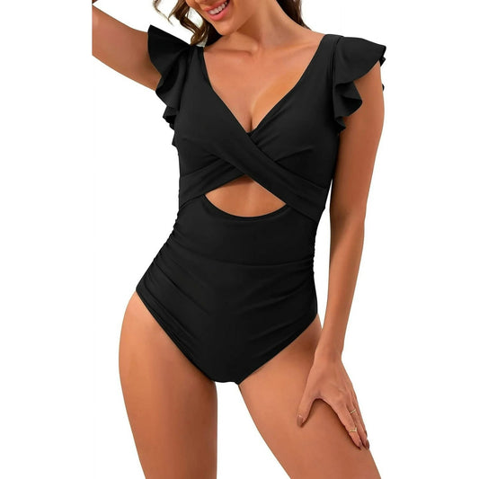 Women's One Piece Swimsuit Ruffle Cutout Bathing Suits Slimming Tummy Control V Neck Wrap Swimwear Black