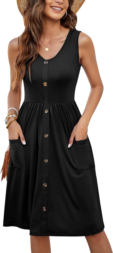 Women's Summer Dresses Casual Sleeveless Sundress Loose Button Elastic Waist Maternity Midi Dress with Pockets Black