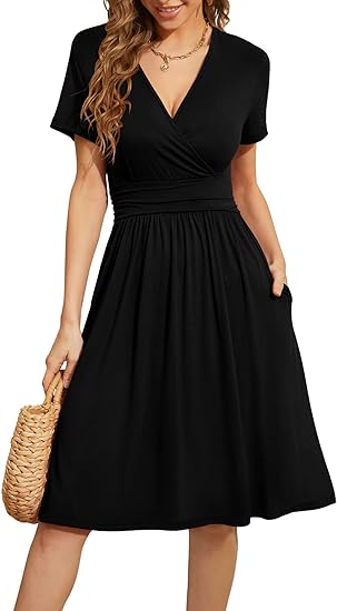 Women's Sundresses Short Sleeve Casual Dresses V-Neck Party Dress with Pockets Summer Black