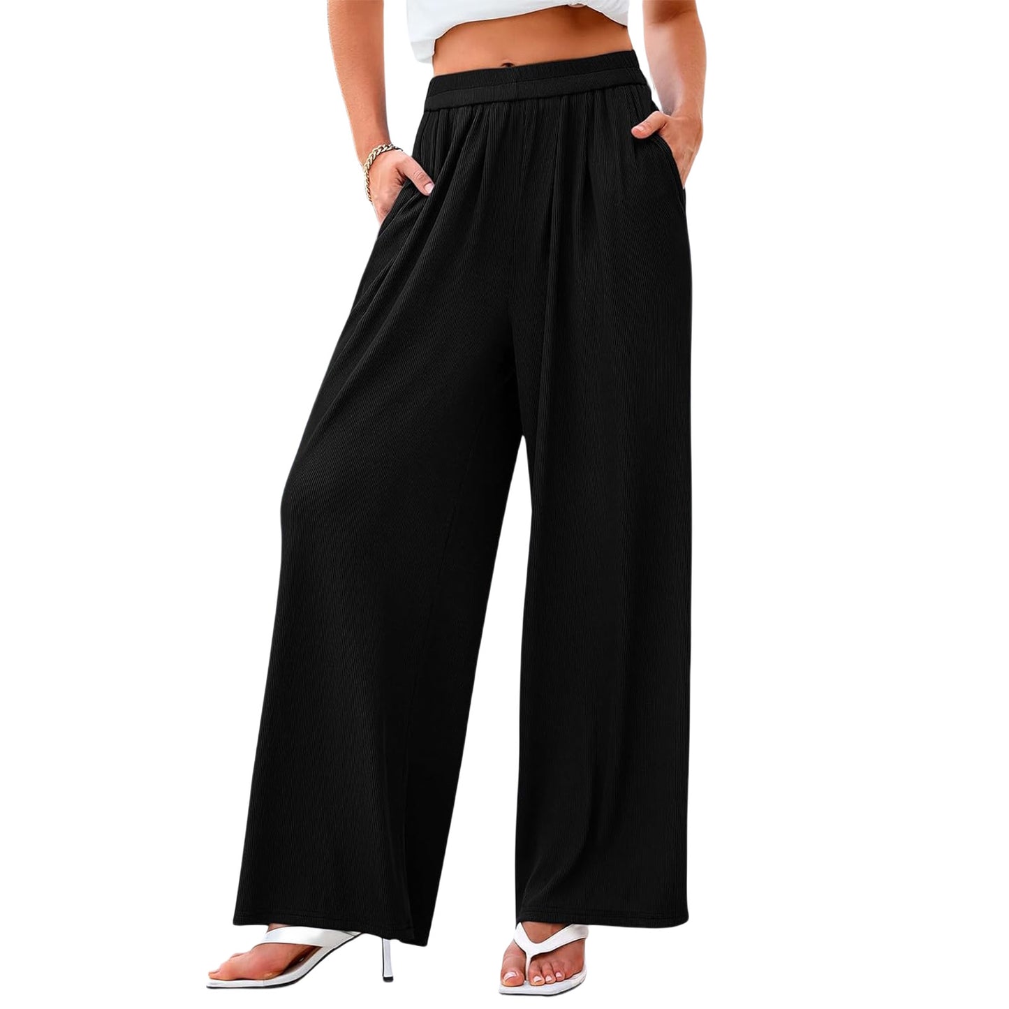 Women's Wide Leg Pants Flowy Dressy Casual Elastic Waist Loose Palazzo Trousers with Pockets
