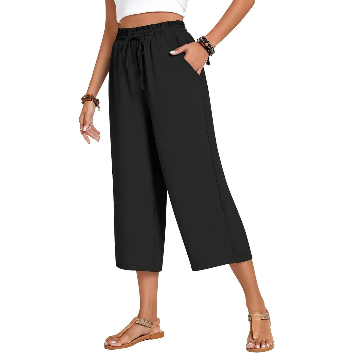 Womens Capri Pants Loose High Waisted Wide Leg Lounge Pant Drawstring Causal Palazzo Pants Trousers with Pockets Summer Black