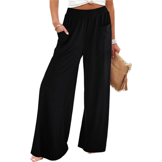 Womens Flowy Wide Leg Pants Elastic Waist Dressy Casual Loose Palazzo Trousers with Pockets