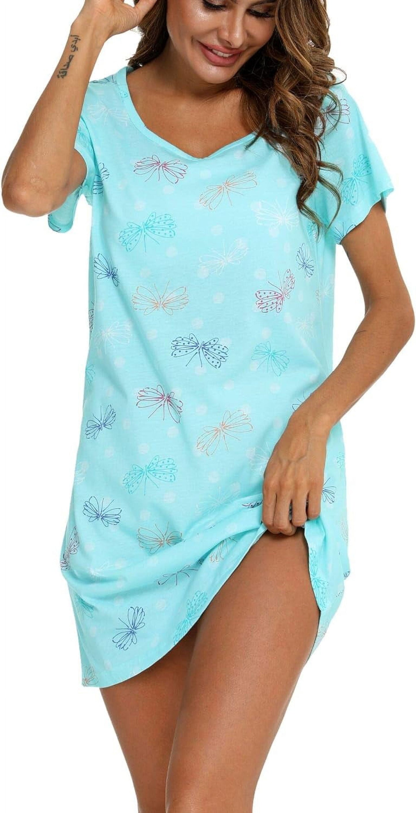 Womens Nightgowns Cotton Soft Sleepwear Sleep Shirt Pajama Dress Short Sleeve Nightshirt Print Sleepshirt
