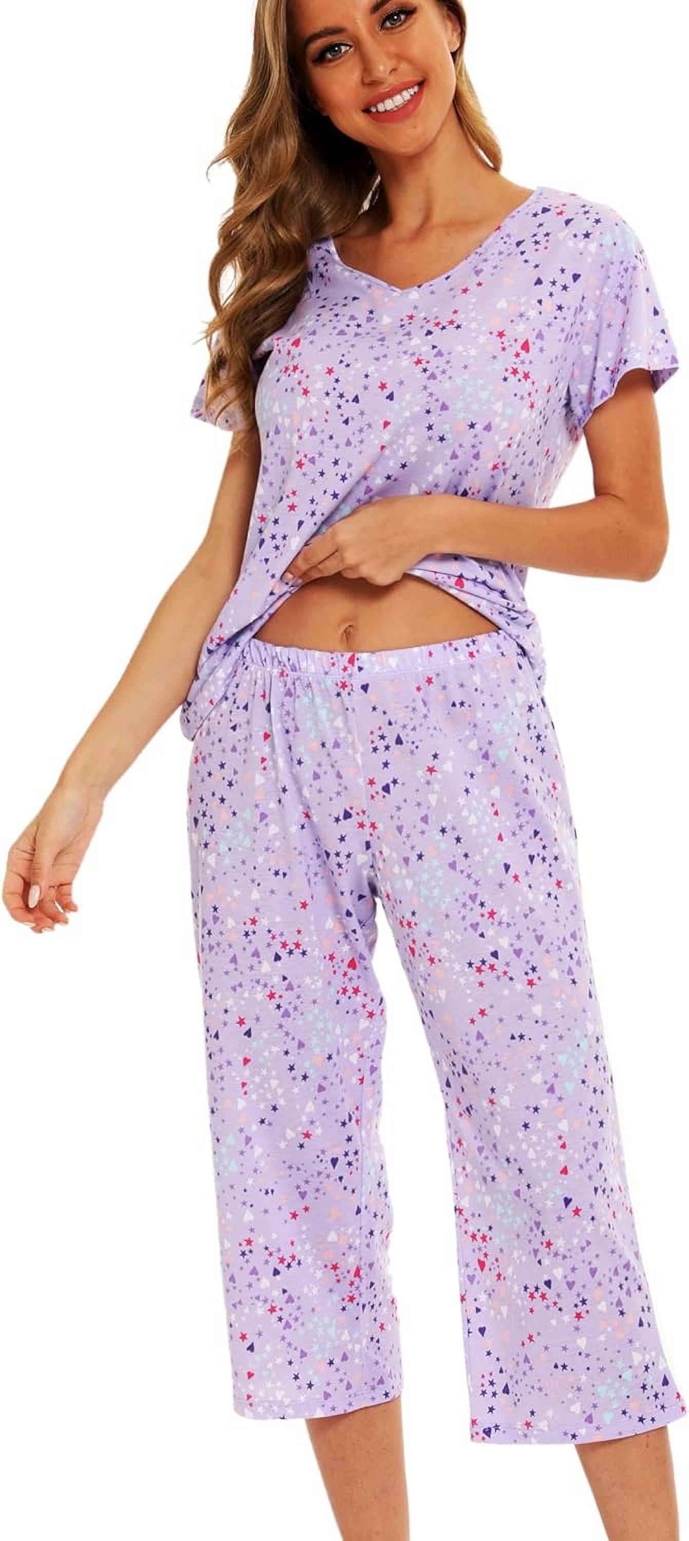 MLDRA Womens Pajama Sets 2 Piece Cotton Lounge Set Lightweight Pj Set Short Sleeve Tops With Capri Pants Cute Ladies Sleepwear Summer Set