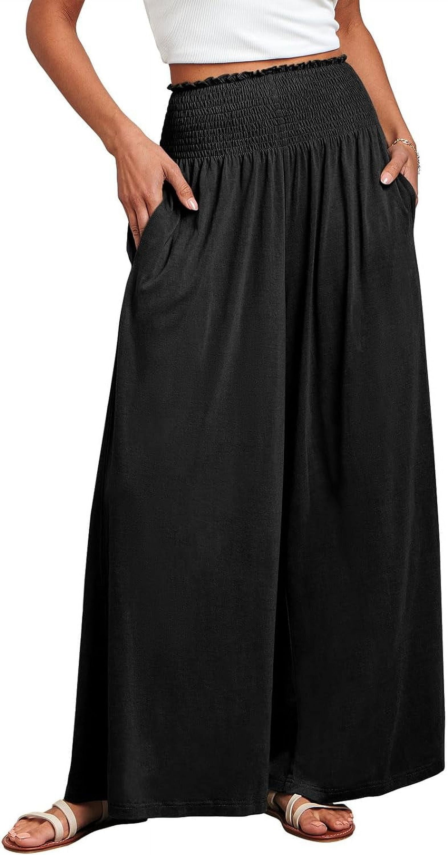 Womens Pleated Flowy Wide Leg Pants Smocked Elastic Waist Casual Loose Palazzo Trousers with Pockets