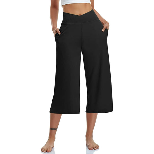 Womens Yoga Capri Pants with Pockets, Casual Wide Leg Capris Pant, Crossover High Waist Workout Pant, Loose Soft Sweatpants Flare Leggings for Summer (Available in Plus Size)