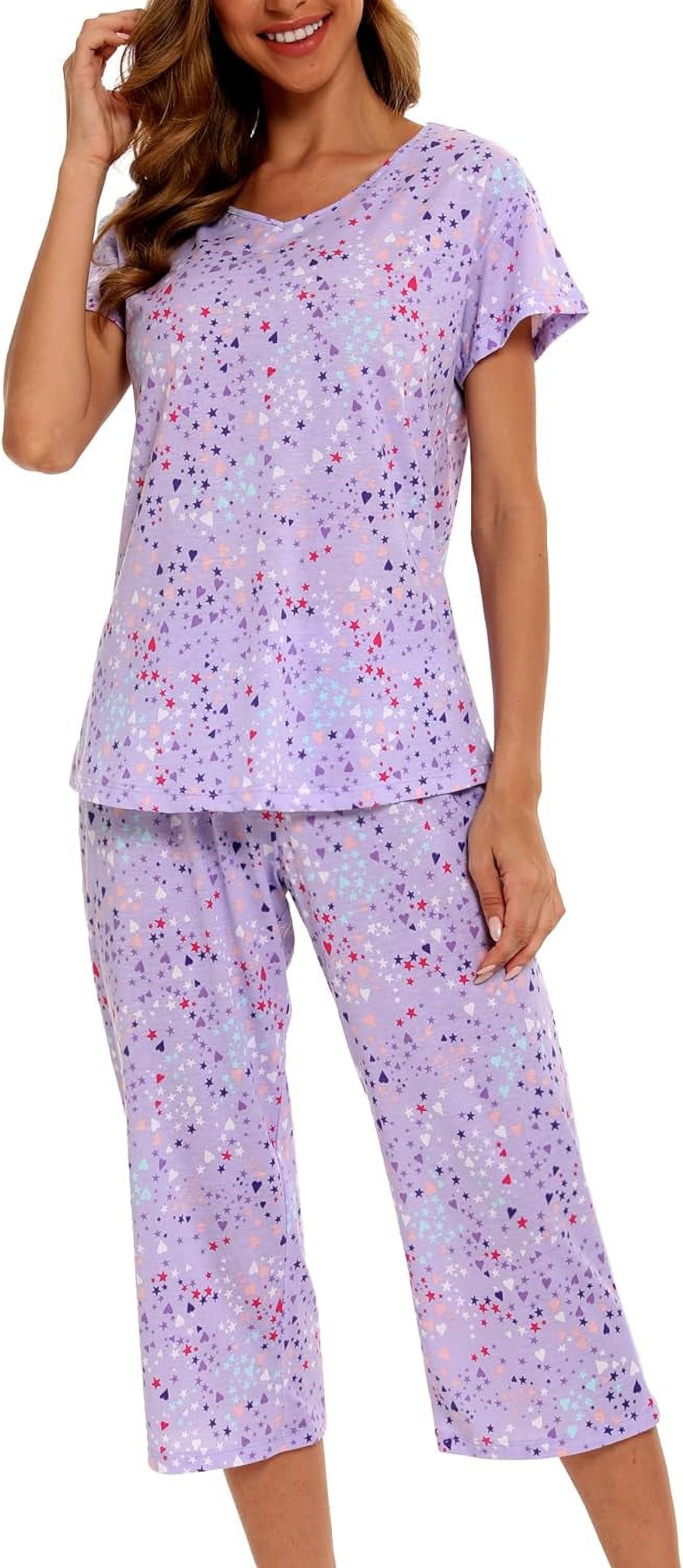 MLDRA Womens Pajama Sets 2 Piece Cotton Lounge Set Lightweight Pj Set Short Sleeve Tops With Capri Pants Cute Ladies Sleepwear Summer Set