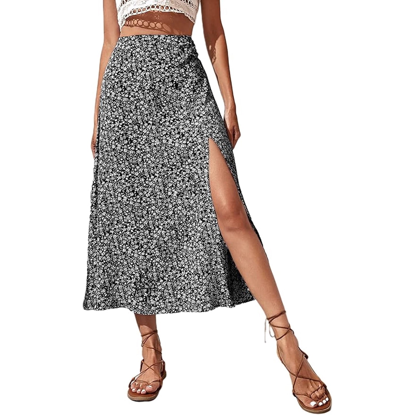 MLDRA Skirts For Women Floral High Waist Maxi Skirt Summer Beach A Line Split Thigh Long Skirts