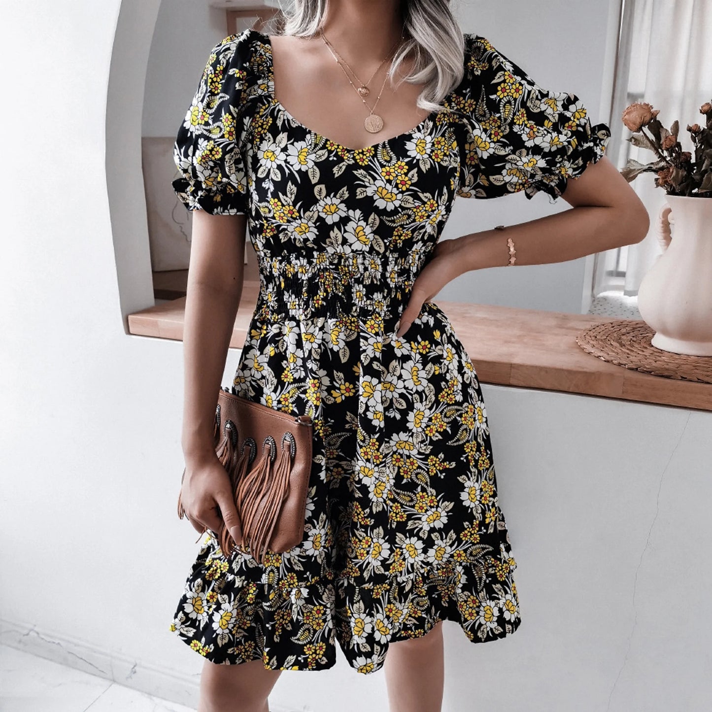 MLDRA 2025 Women's Dress Floral Print Puff Sleeve Smocked Waist Dresses Casual Sundresses for Women