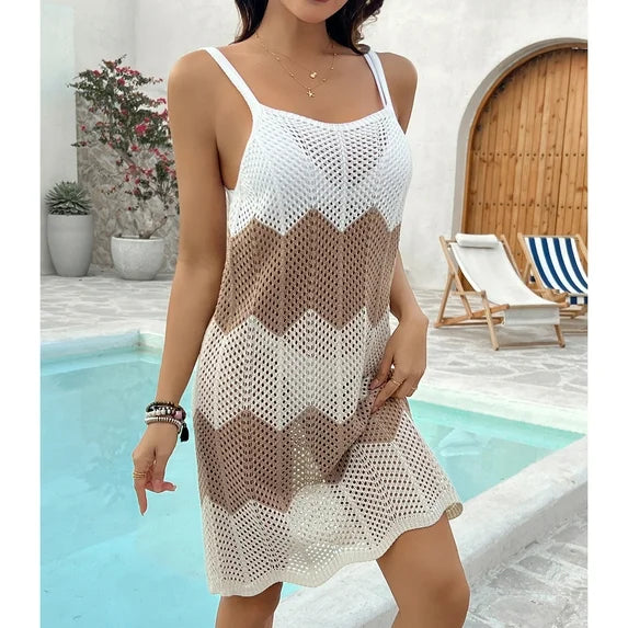 MLDRA Women Swimsuit Cover Ups Summer Sleeveless Striped Color Block Bathing Suit Swimwear Hollow Out Knit Dress