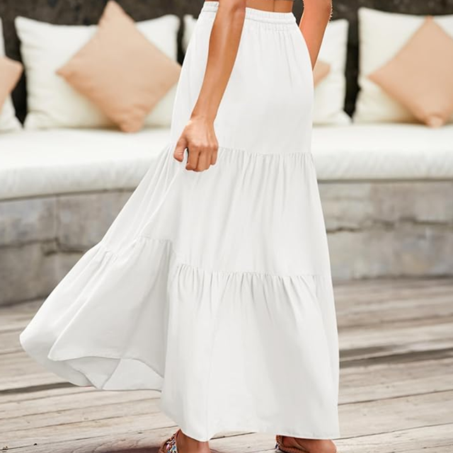 SOMER Skirts For Women Trendy Queen Long Boho Maxi Skirt Summer Swing Tiered A-Line Elastic High Waist Dress With Pockets Fashion