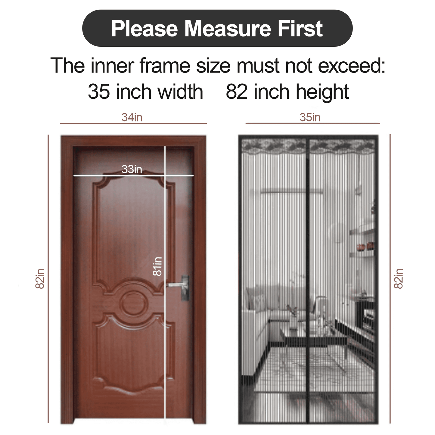 Magnetic Screen Door for Home, Auto-Close Heavy Duty Mesh Curtain, Bug Proof & Pet Friendly Design, Easy-Install Hands Free Entry, 35.4" x 82.7", Black