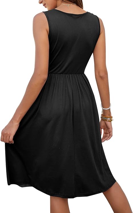 Women's Summer Dresses Casual Sleeveless Sundress Loose Button Elastic Waist Maternity Midi Dress with Pockets