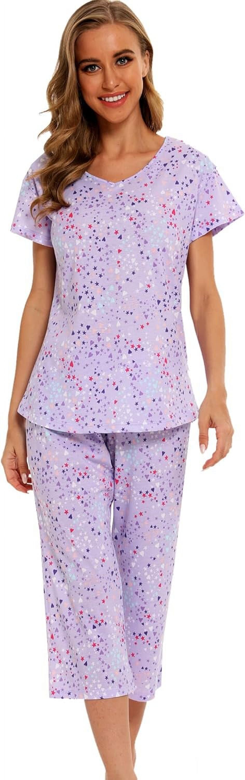 MLDRA Womens Pajama Sets 2 Piece Cotton Lounge Set Lightweight Pj Set Short Sleeve Tops With Capri Pants Cute Ladies Sleepwear Summer Set