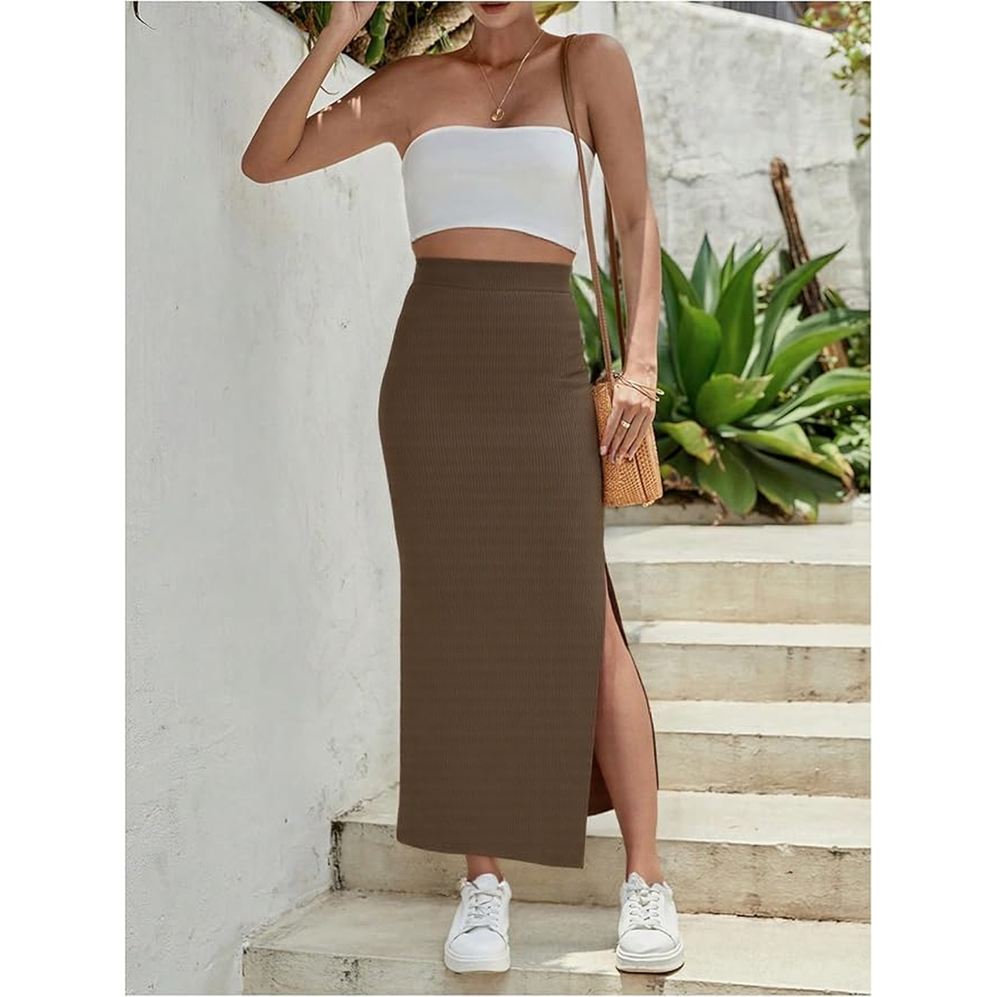 SOMER Skirts For Women Split Ribbed Knit Bodycon Skirt Waisted Side Slit Pencil Long Maxi Skirts