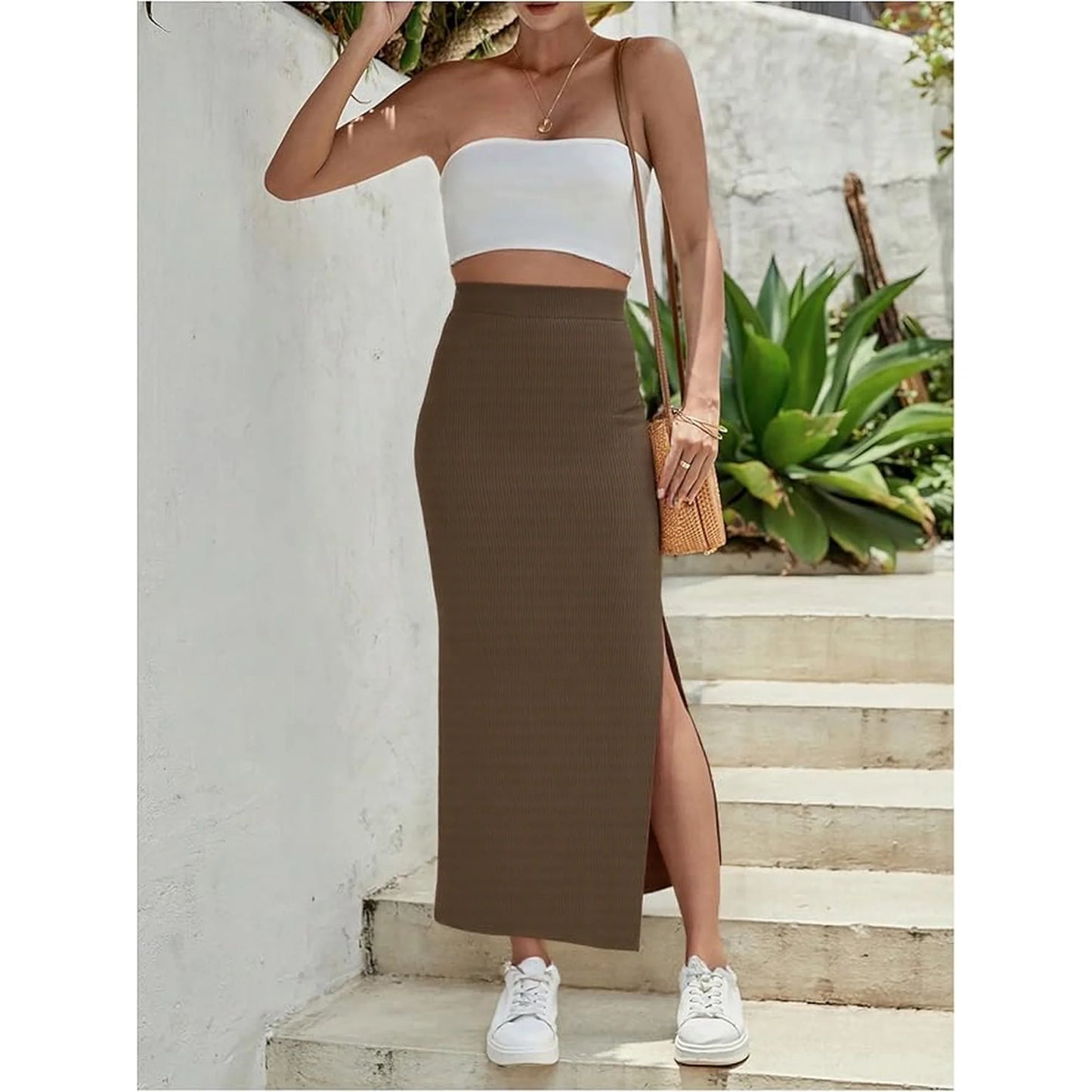 SOMER Skirts For Women Split Ribbed Knit Bodycon Skirt Waisted Side Slit Pencil Long Maxi Skirts