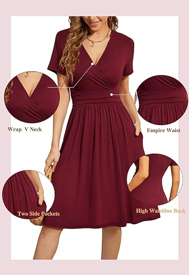 Women's Sundresses Short Sleeve Casual Dresses V-Neck Party Dress with Pockets Summer Black