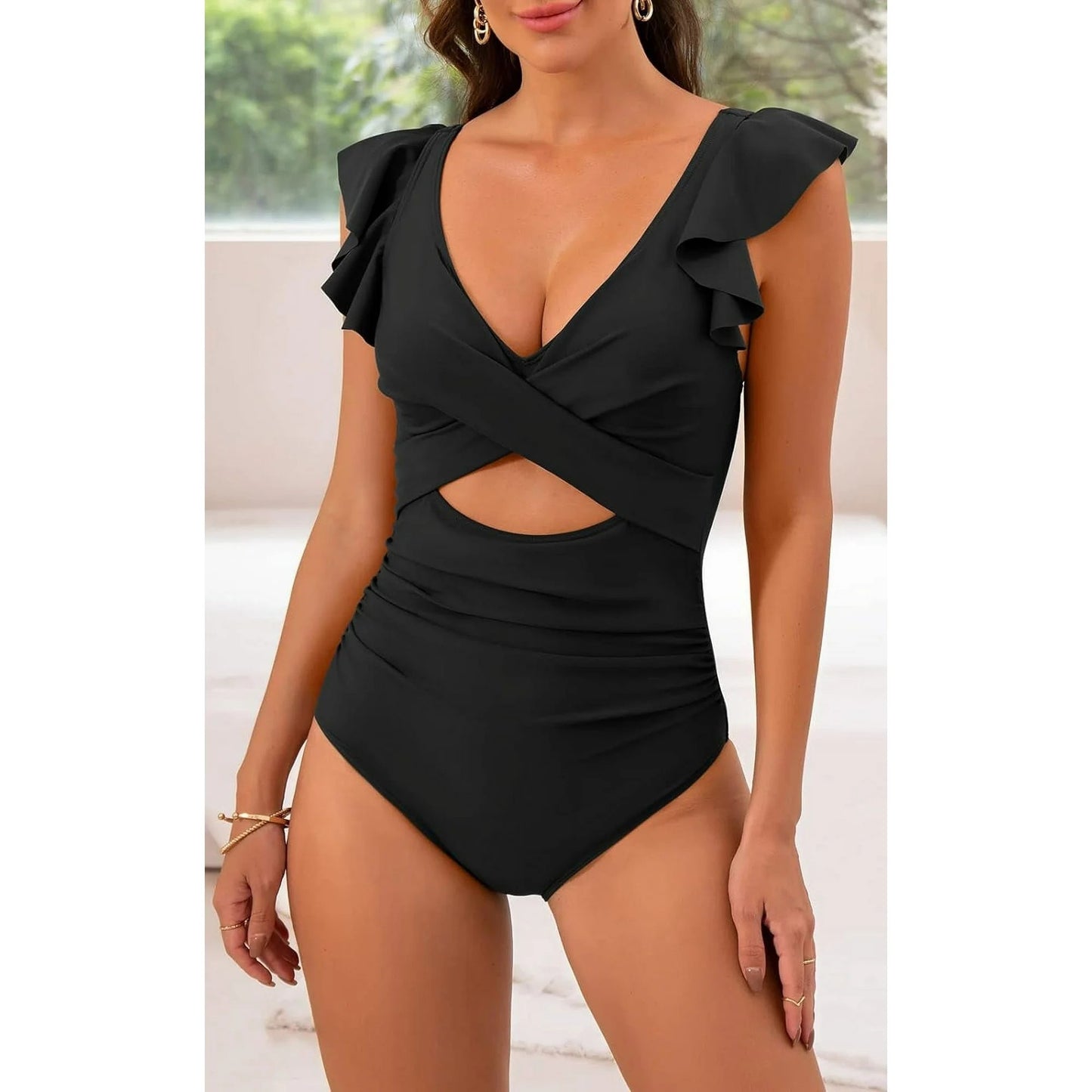 Women's One Piece Swimsuit Ruffle Cutout Bathing Suits Slimming Tummy Control V Neck Wrap Swimwear Black