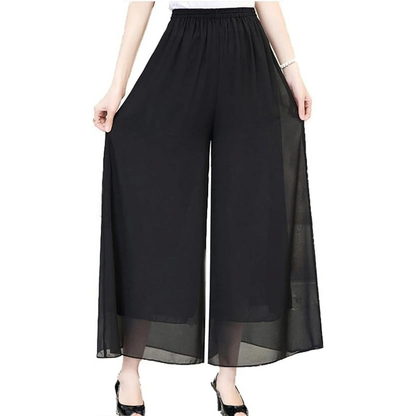 Womens Chiffon Dress Pants Palazzo Wide Leg Beach Trouser Elastic Waist Culottes with Pocket