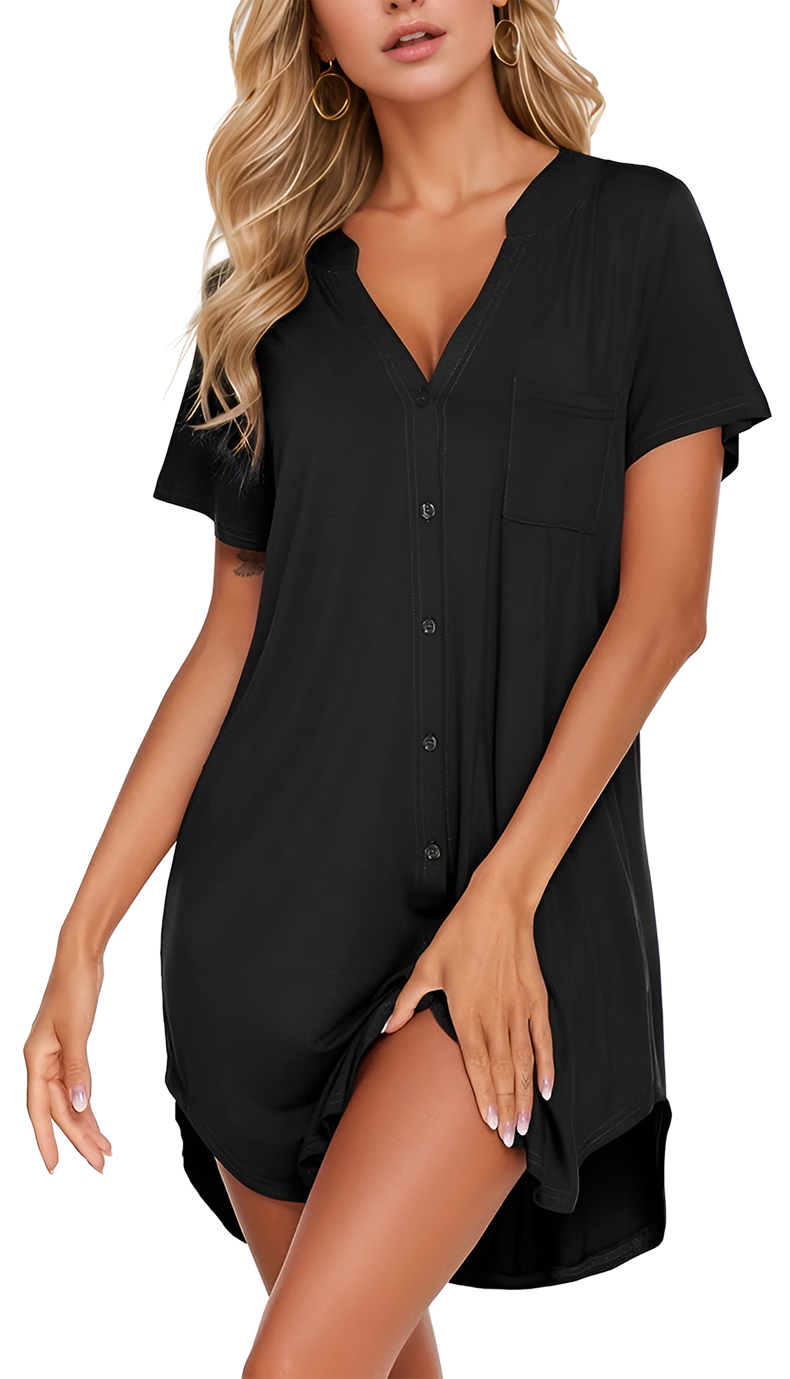 MLDRA Nightgowns For Women Deep V Neck Button Down Short Sleeve Nightshirt Loose Loungewear Casual Sleepwear