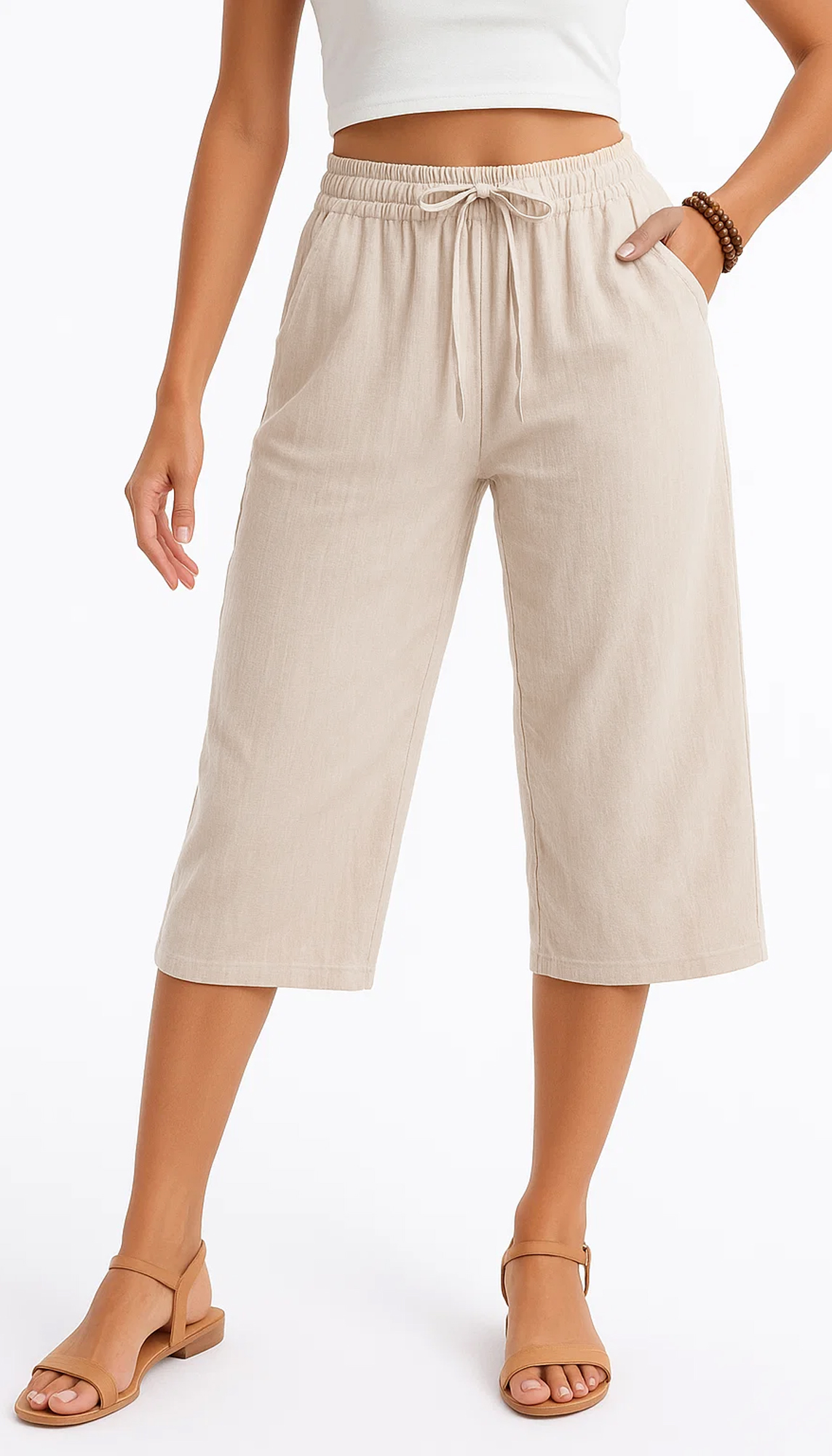 Women's Linen Capri Yoga Pants Drawstring Elastic High Waisted Palazzo Flared Wide Leg Sweatpants with Pockets Workout Trousers Ladies Summer
