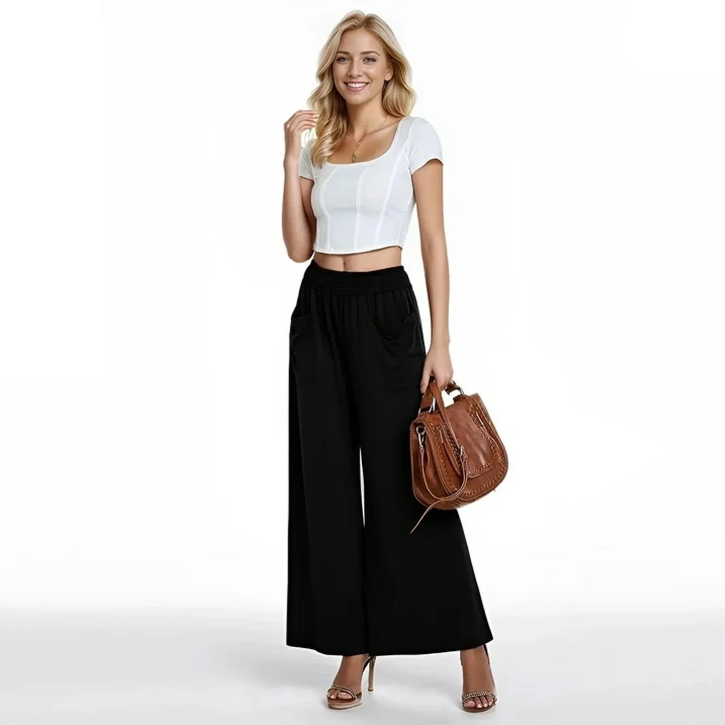 Women's Wide Leg Pants with Pockets Loose Palazzo Pants for Women Elastic Waist Dressy Casual Flowy Pants