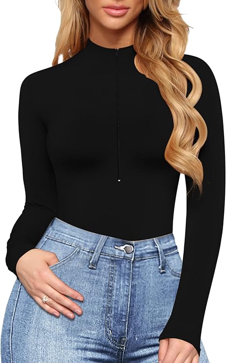 Body Suit Tummy Control Bodysuit Deep V Neck Zip Up Long Sleeve Tops Black Bodysuits for Women Black