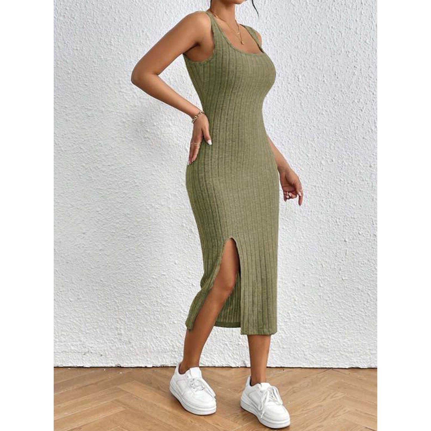MLDRA Ribbed Dresses for Women's Scoop Neck Sleeveless Sexy Knit Midi Tank Dress with Slit