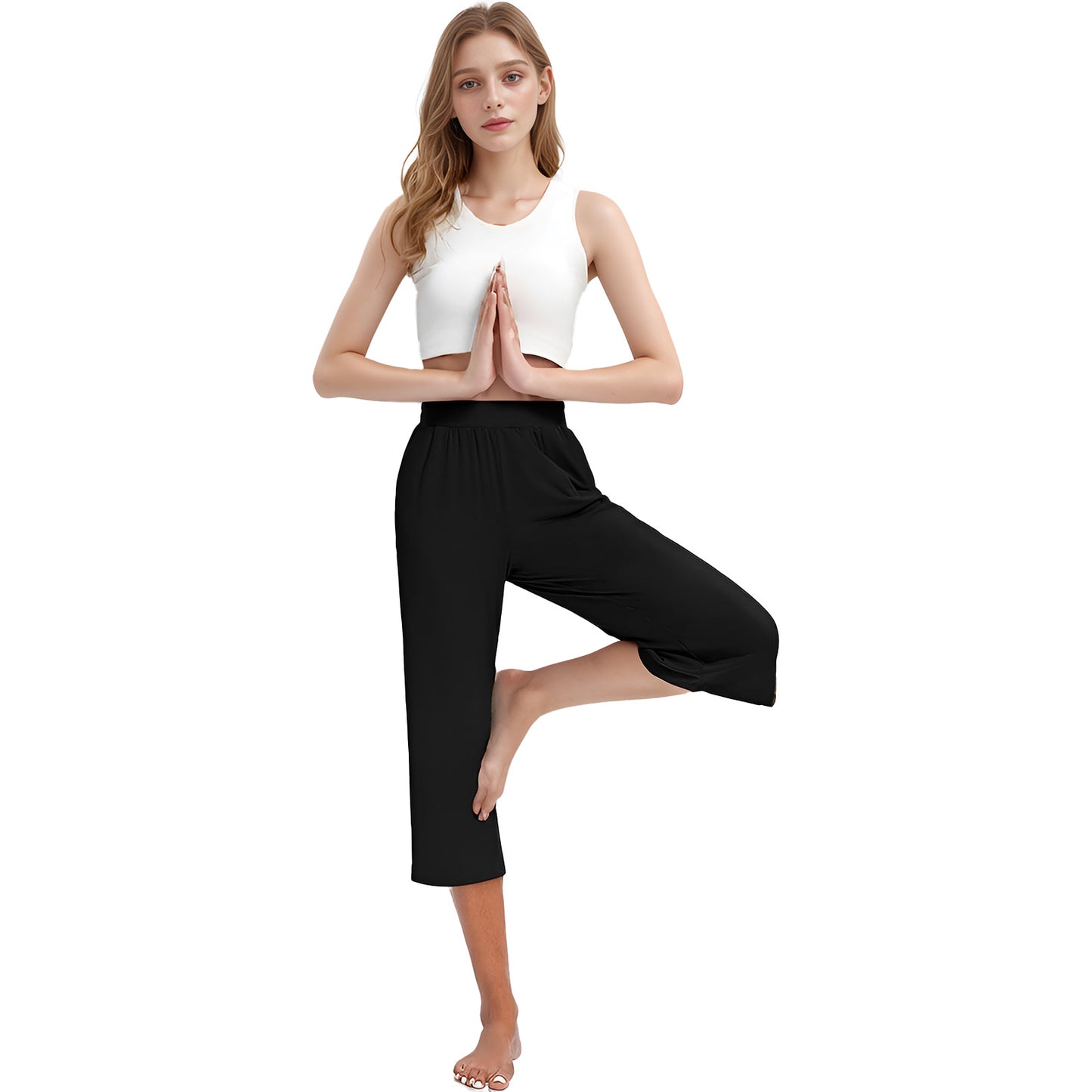 Women's Capri Sweatpants Yoga Capri Pants Cozy Wide Legs Cropped Capri with Pockets, Lounge Jogger Pants Workout Yoga Capris
