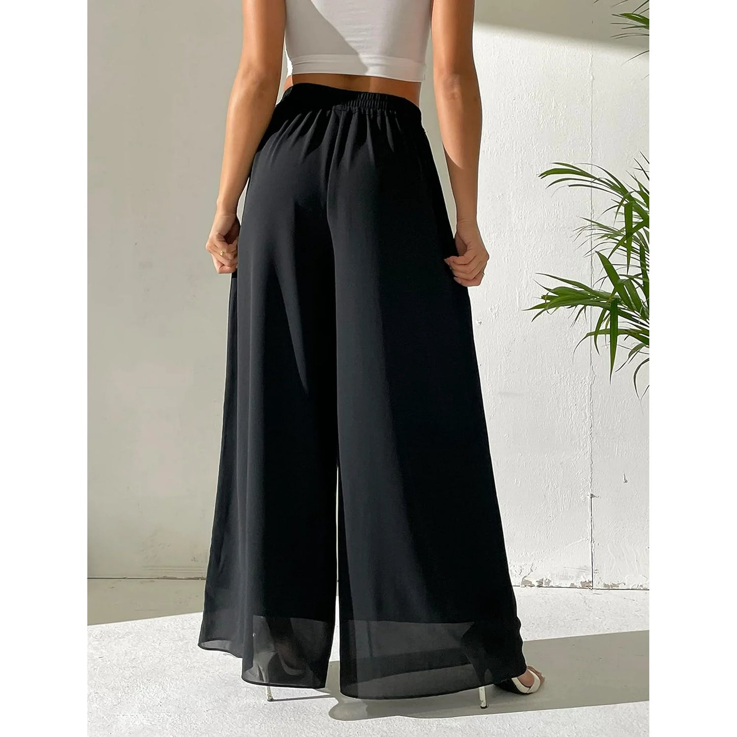 Womens Chiffon Dress Pants Palazzo Wide Leg Beach Trouser Elastic Waist Culottes with Pocket