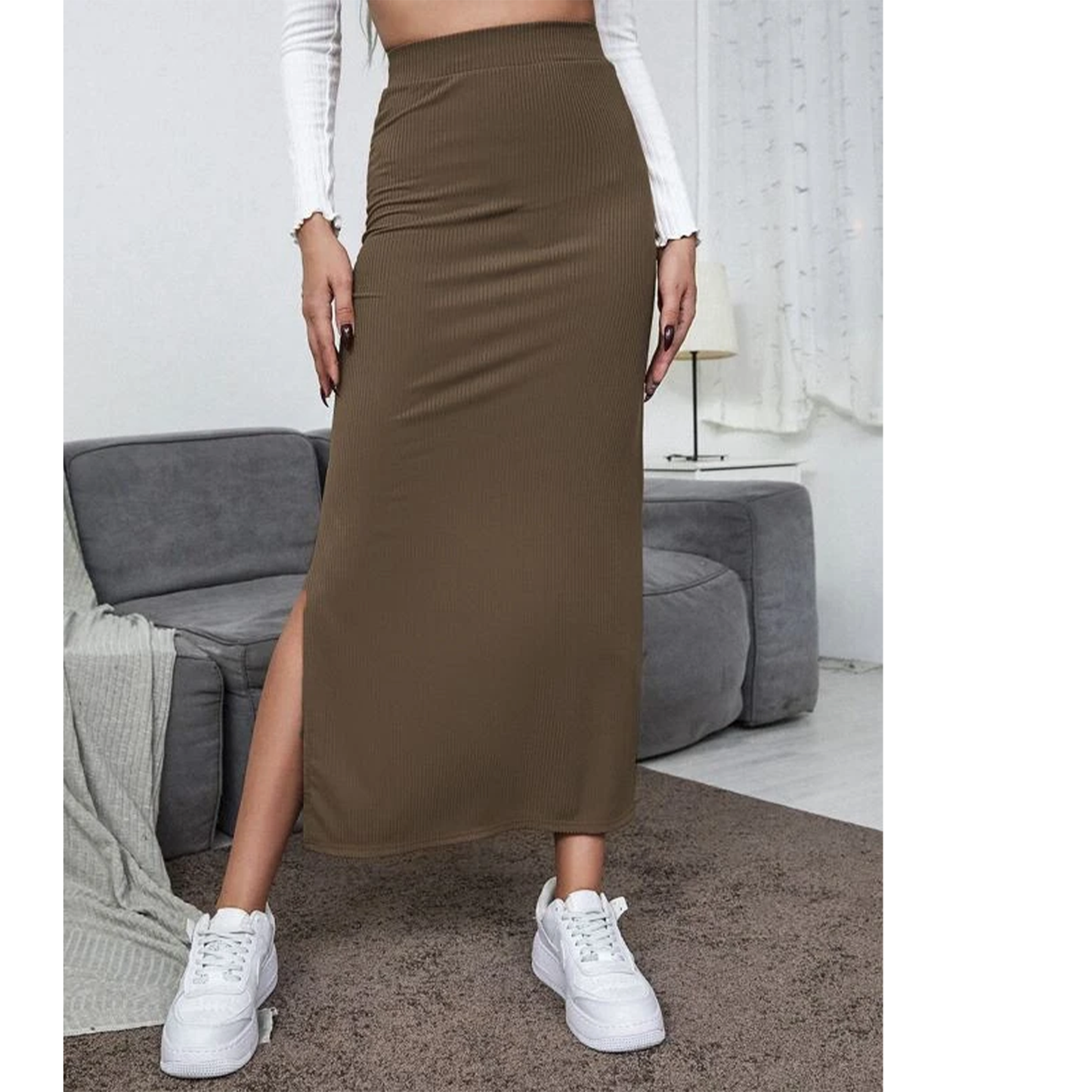 SOMER Skirts For Women Split Ribbed Knit Bodycon Skirt Waisted Side Slit Pencil Long Maxi Skirts