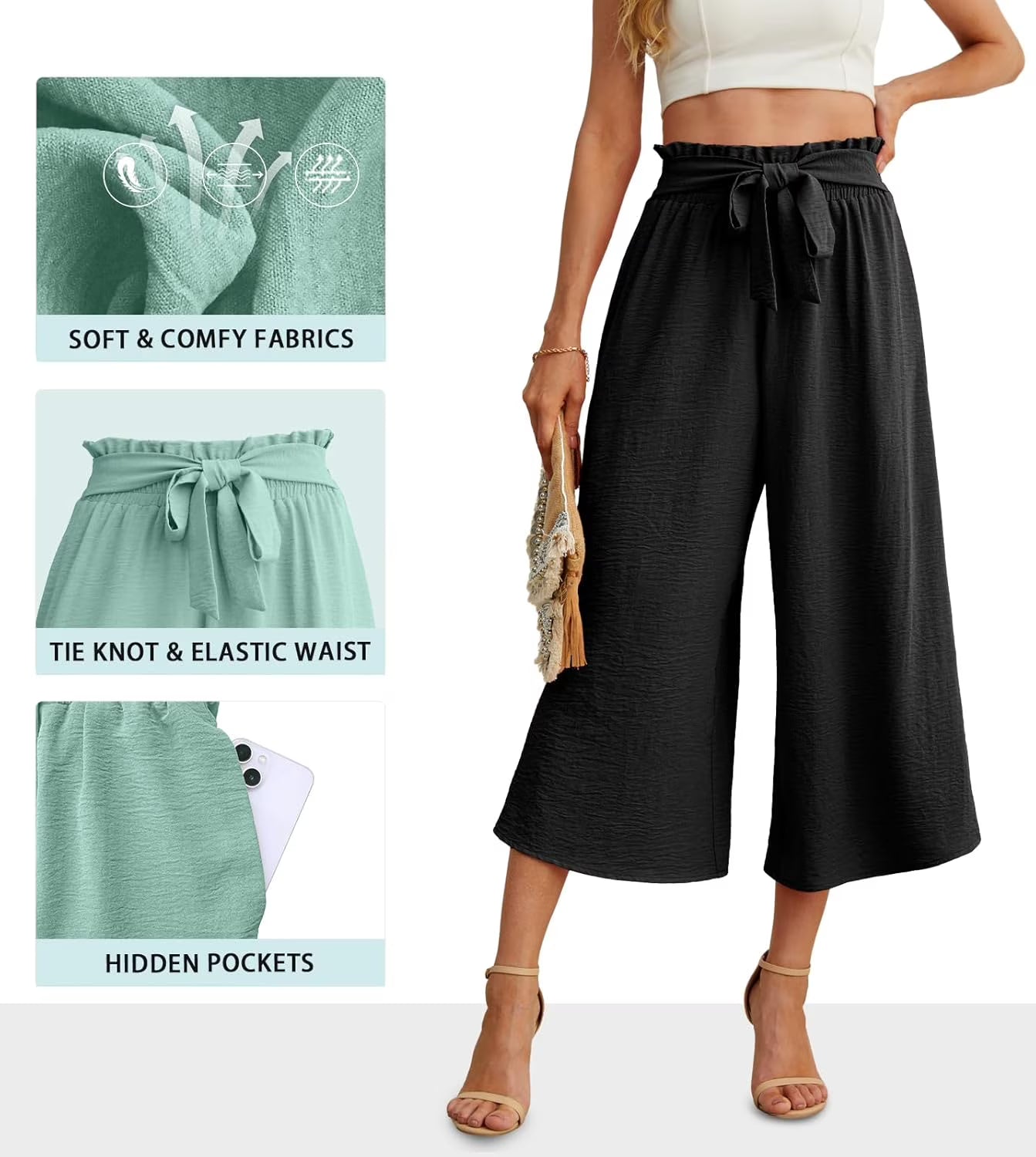 MLDRA Women’s Capri Wide Leg Pants High Waisted Drawstring Casual Loose Fit Summer Pants with Pockets Black