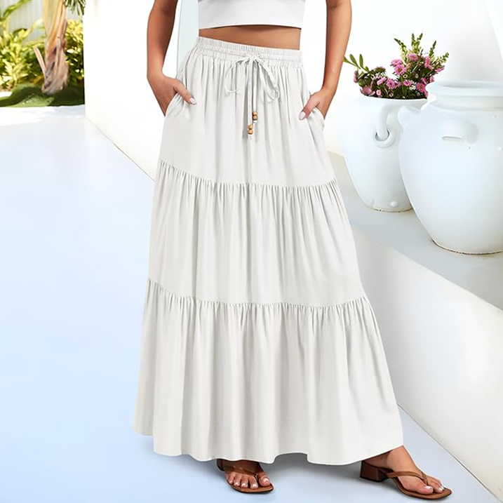 SOMER Skirts For Women Trendy Queen Long Boho Maxi Skirt Summer Swing Tiered A-Line Elastic High Waist Dress With Pockets Fashion