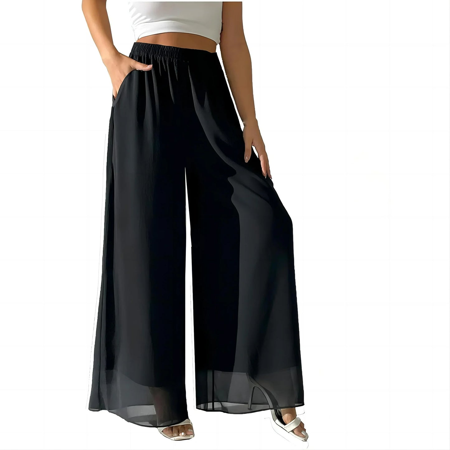 Womens Chiffon Dress Pants Palazzo Wide Leg Beach Trouser Elastic Waist Culottes with Pocket