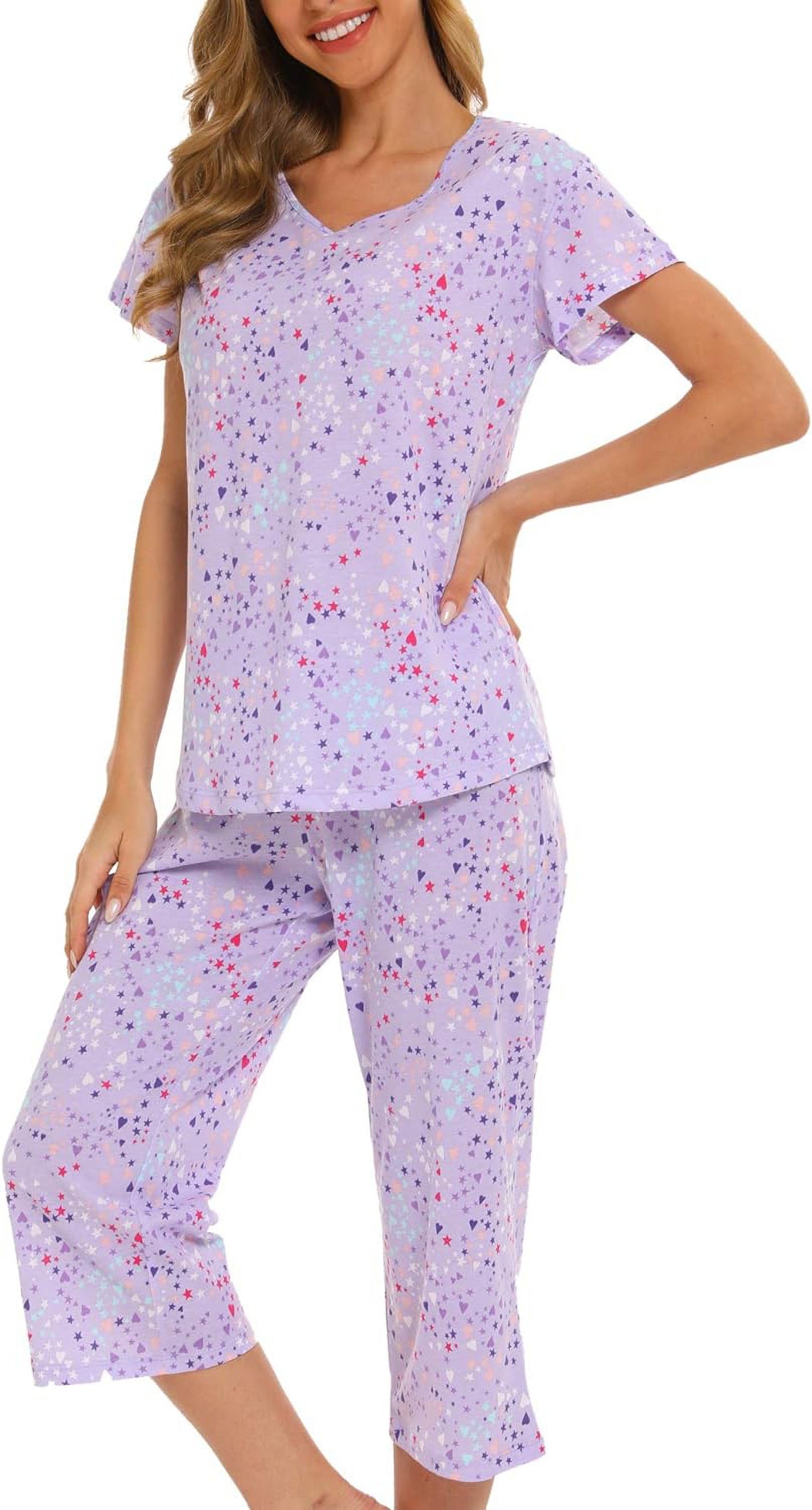 MLDRA Womens Pajama Sets 2 Piece Cotton Lounge Set Lightweight Pj Set Short Sleeve Tops With Capri Pants Cute Ladies Sleepwear Summer Set