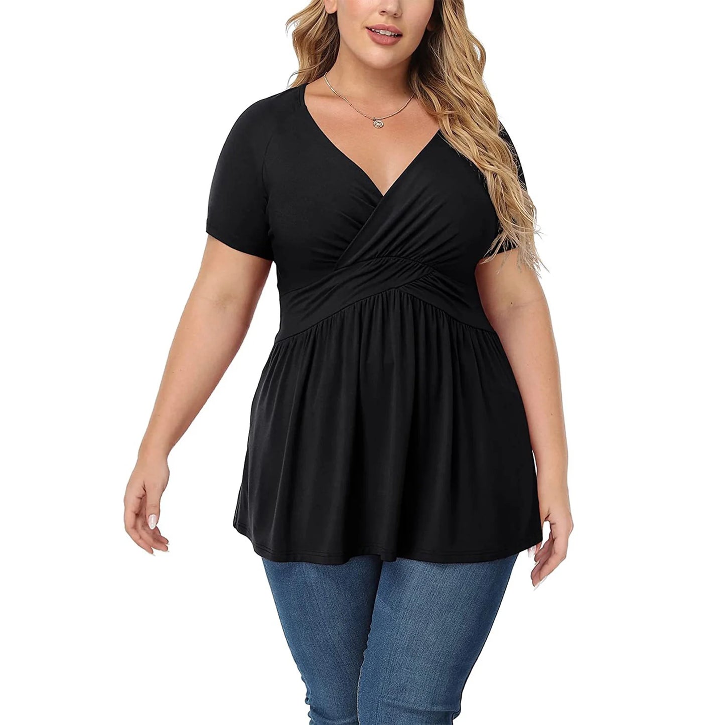 2025 Women's Plus Size Tops V Neck Short Sleeve Plus Size Tunic Tops for Women Dressy Wrap Shirts