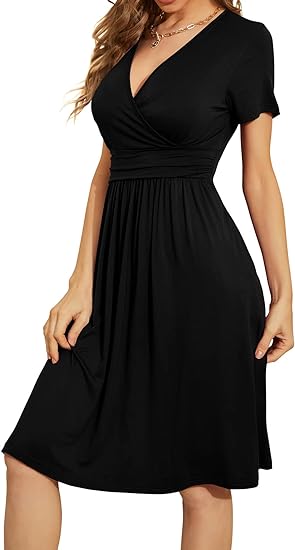 Women's Sundresses Short Sleeve Casual Dresses V-Neck Party Dress with Pockets Summer Black