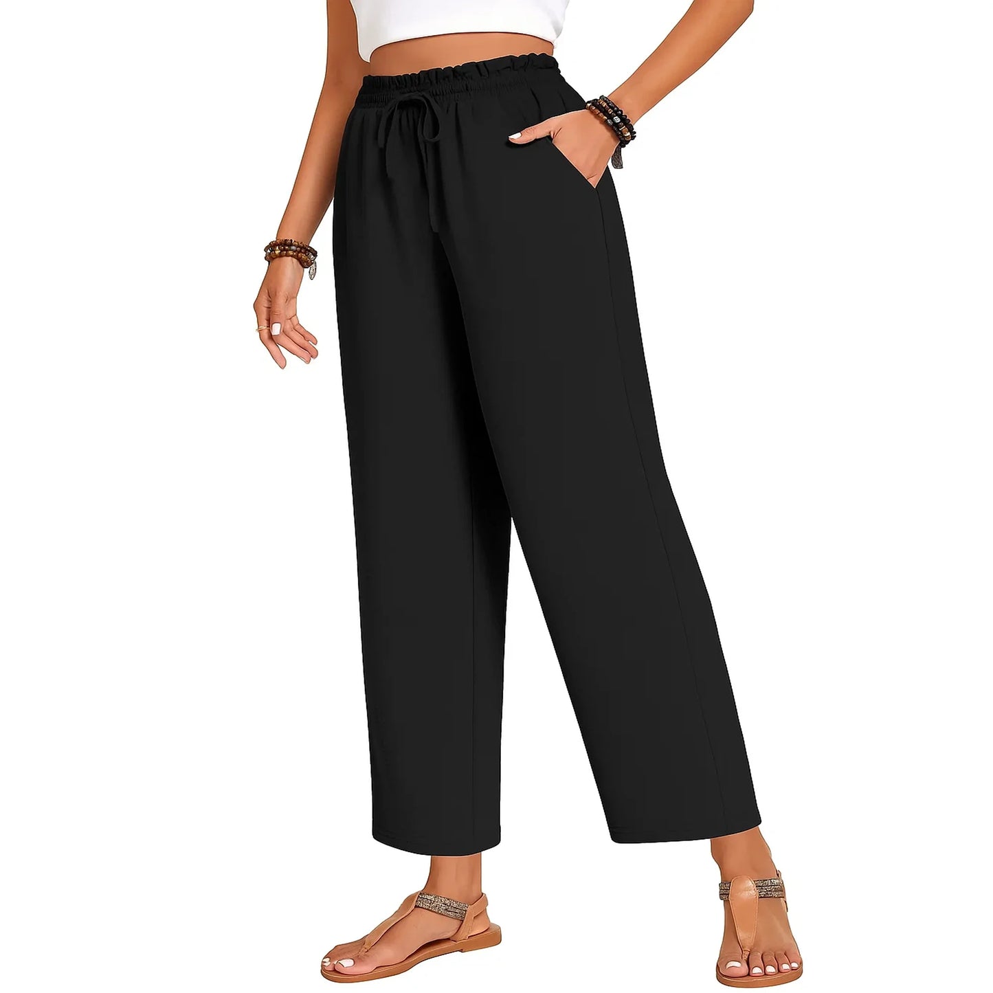 MLDRA Womens Capri Yoga Wide Leg Pant Sweatpants Palazzo Leggings Lounge Workout Cropped Work Loose High Waisted Drawstring Pajama with Pockets Summer Fall Lightweight Thin Black