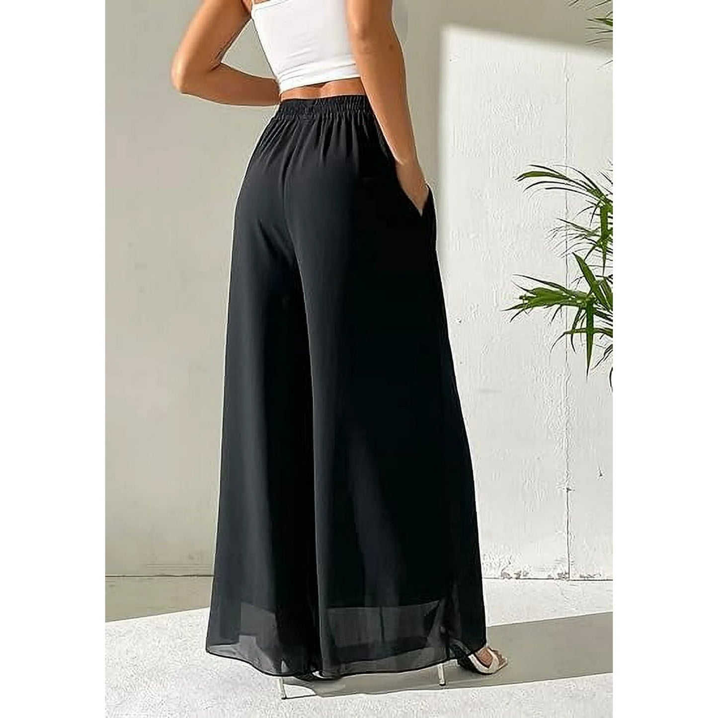 Womens Chiffon Dress Pants Palazzo Wide Leg Beach Trouser Elastic Waist Culottes with Pocket