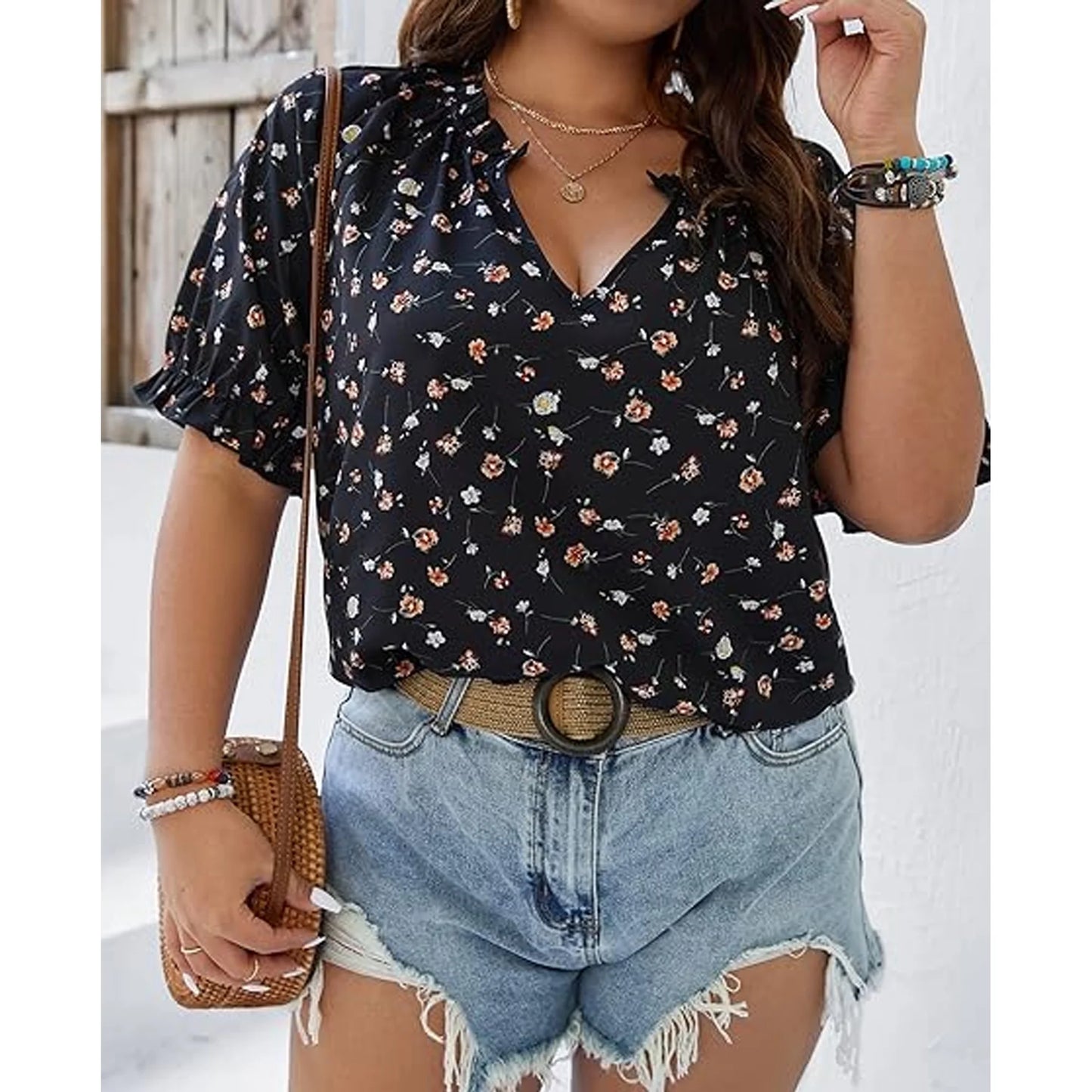 2025 Women's Plus Size Top Flower Printed V Neck Short Sleeve Casual Plus Size Tops for Women